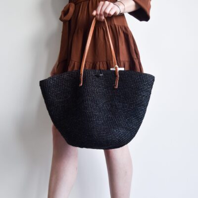 A crocheted raffia handbag