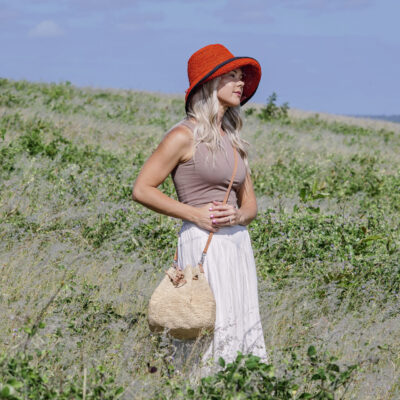 A Crochet Raffia sling handbag and a crochet hat