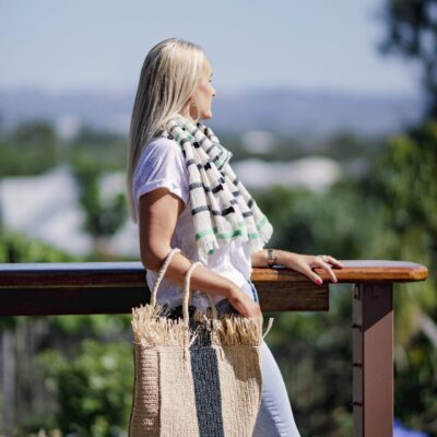 A longline woven raffia basket