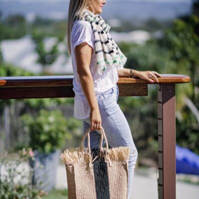 A longline woven raffia basket