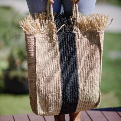 A longline woven raffia basket