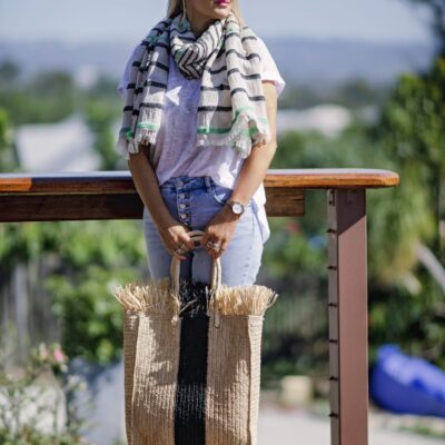 A longline woven raffia basket