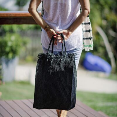 A longline woven raffia basket