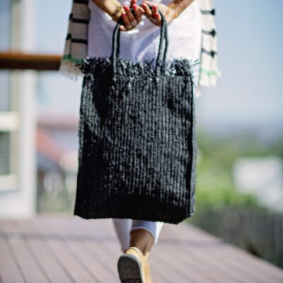 A longline woven raffia basket