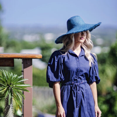 A woven raffia sunhat.